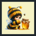 Cute Girl in Bee Costume with Honey Poster<br><div class="desc">Poster with a cute image. A girl in a crocheted bee costume with a bee by her side. Watching over a jar of honey.</div>