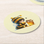 Cute Girl in Bee Costume with Honey Round Paper Coaster<br><div class="desc">Paper (sturdy pulp board) coasters with a cute image. A girl in a crocheted bee costume with a bee by her side. Watching over a jar of honey.</div>