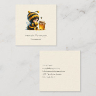 Cute Girl in Bee Costume with Honey Square Business Card