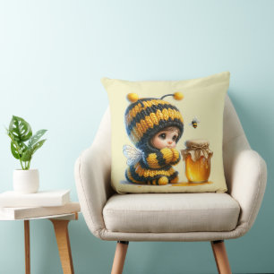 Cute Girl in Bee Costume with Honey Throw Pillow