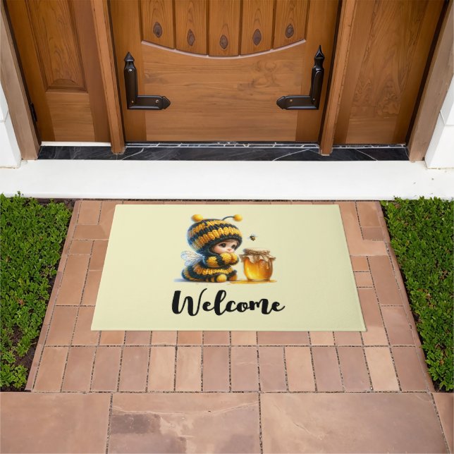 Cute Girl in Bee Costume with Honey Welcome Doormat (Outdoor)