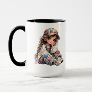 Cute Girl in Heart Patch Outfit Kawaii Art Mug