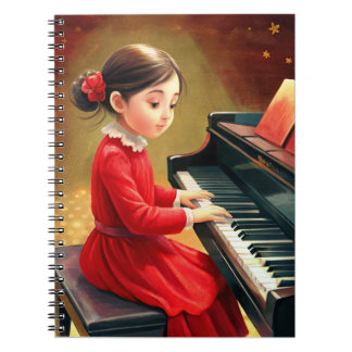 Cute girl in red dress playing piano notebook