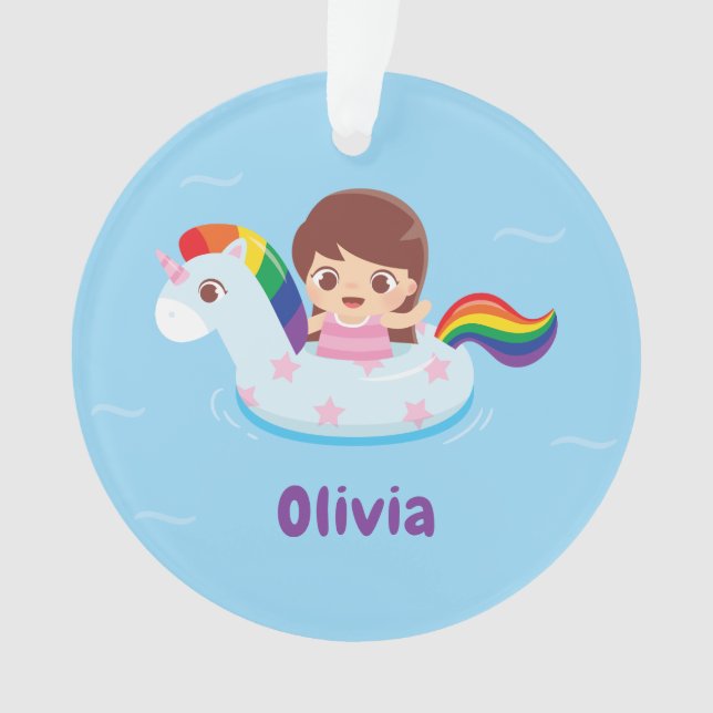Cute Girl in Unicorn Swim Pool Float Ornament (Front)
