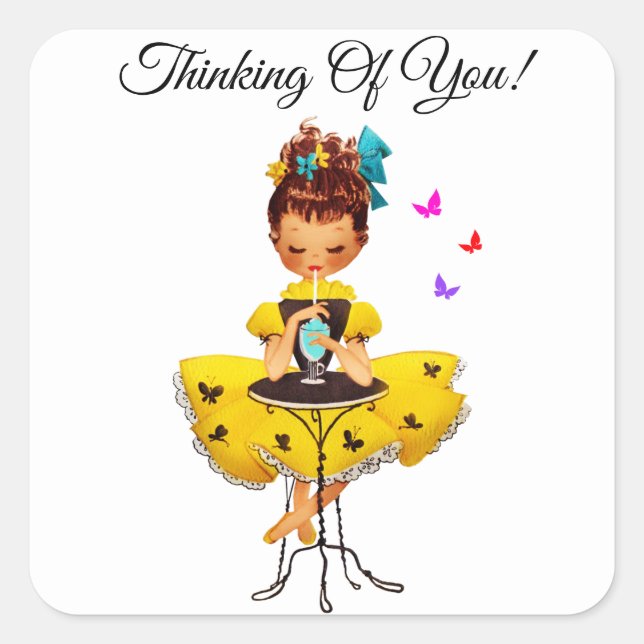 Cute Girl In Yellow Dress Thinking Of You Square Sticker (Front)