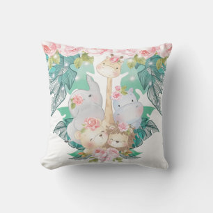 Cute Girl Jungle Animals Throw Pillow