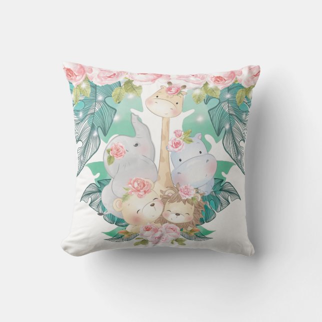 Cute Girl Jungle Animals Throw Pillow (Front)