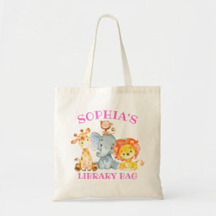 Cute Girl Kids Jungle Safari Animals Library Tote Bag