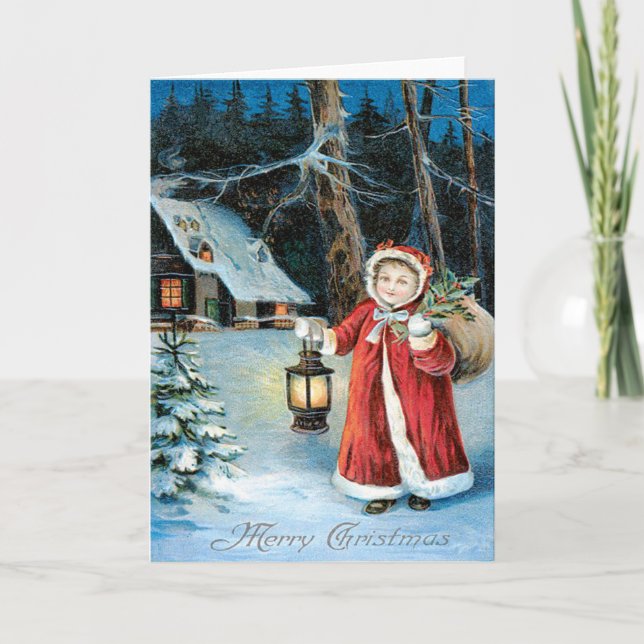 Cute Girl Lantern Holly Winter Cottage Holiday Card (Front)