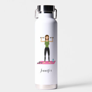 Cute Girl Lifting Weights & Personalized Name Water Bottle
