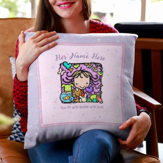 Cute Girl Loves Animals Veterinarian Gift Throw Pillow (One of a kind personalized gift for your favorite animal lover)