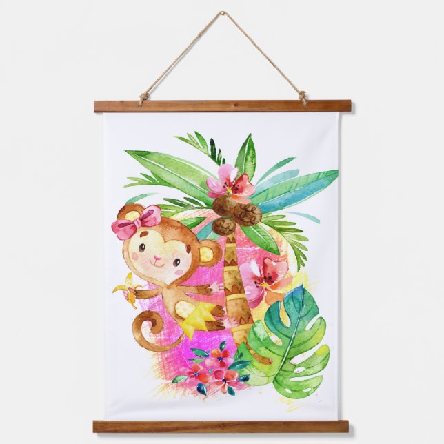 Cute Girl Monkey Climbing Tree Hanging Tapestry (Front)