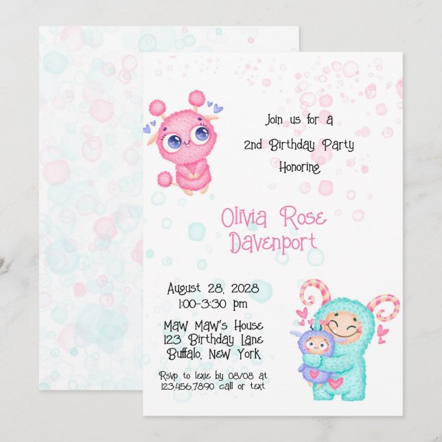 Cute Girl Monster Birthday Party Invitation (Front/Back)