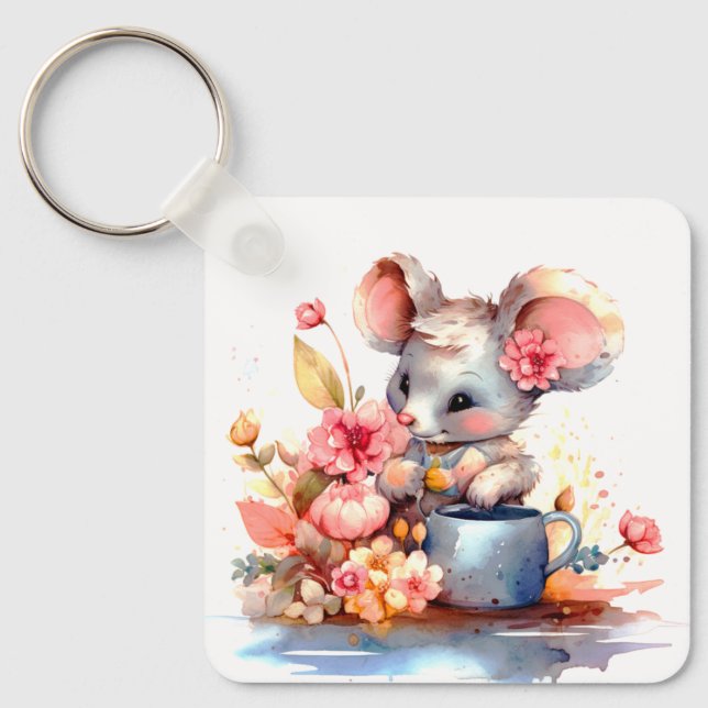 CUTE GIRL MOUSE WITH COLORFUL FLOWERS MOTIVATIONAL KEYCHAIN (Front)