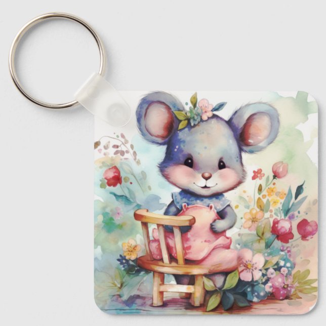 CUTE GIRL  MOUSE WITH FLOWERS NURSERY MOTIVATONAL KEYCHAIN (Front)