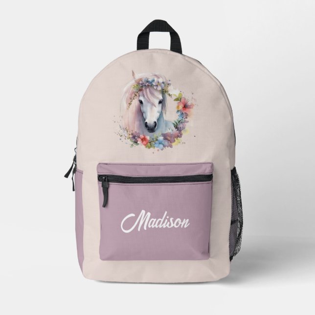 Cute Girl Name Pink Pastel Watercolor Pony Printed Backpack (Front)