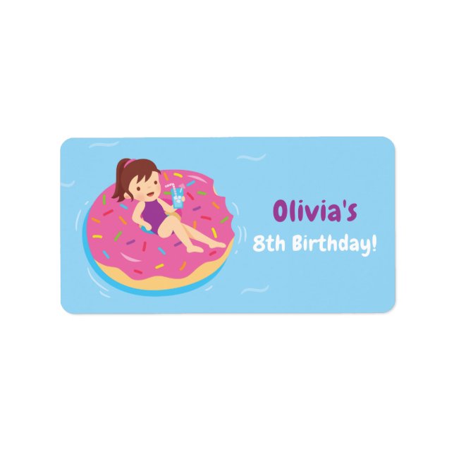 Cute Girl on Doughnut Float Birthday Party Labels (Front)