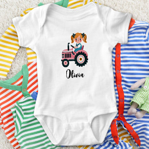 Cute Girl on Pink Tractor Personalized Baby Bodysuit