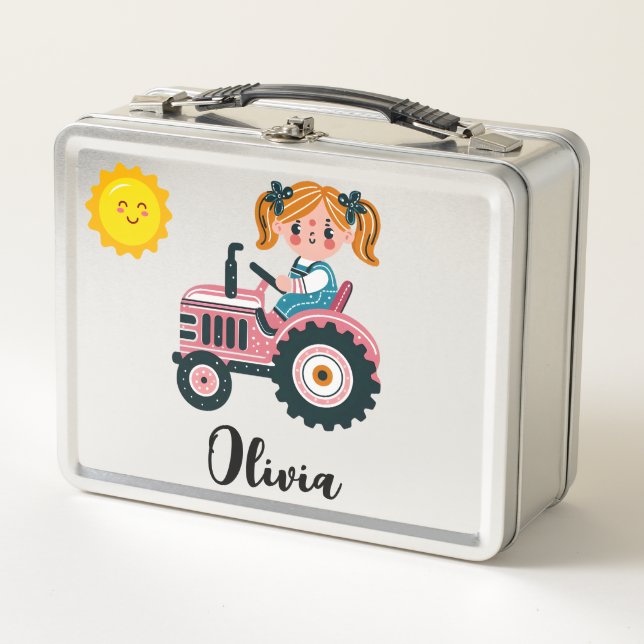 Cute Girl on Pink Tractor Personalized Metal Lunch Box (Front)