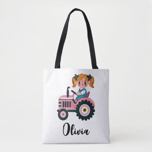 Cute Girl on Pink Tractor Personalized Tote Bag (Front)