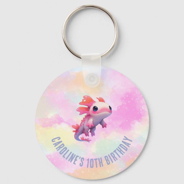 Cute Girl Pastel Rainbow Pink Axolotl Birthday Keychain (Front)
