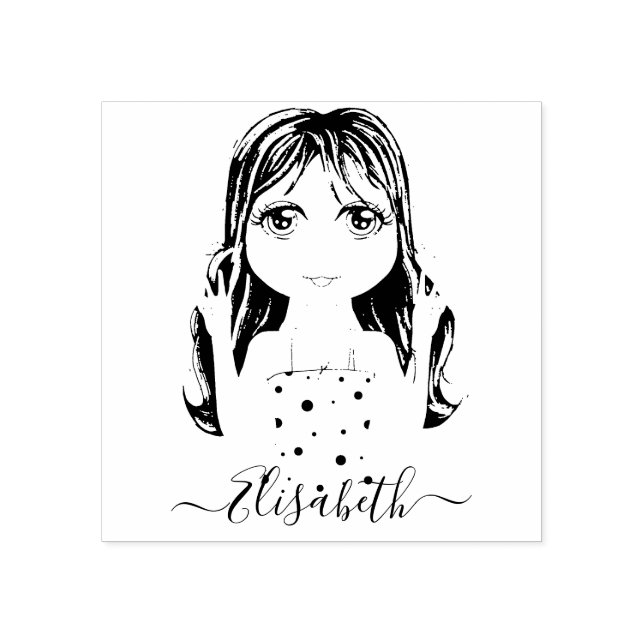 Cute Girl Peace Graphic Illustration Personalized Rubber Stamp (Imprint)