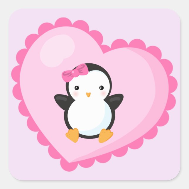 Cute Girl Penguin in Big Light Pink Heart Square Sticker (Front)