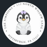 Cute Girl Penguin Return Address Classic Round Sticker<br><div class="desc">Dress up your Christmas cards,  baby shower or birthday invitations with these adorable return address stickers. Featuring a watercolor penguin. Customize with your address.</div>