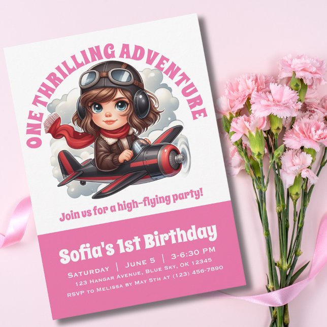 Cute Girl Pilot Flies Airplane,Girly Pink Birthday Invitation (Creator Uploaded)