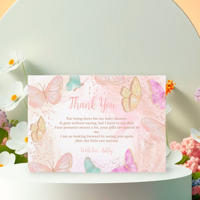 Cute girl pink a little butterfly chic baby shower thank you card (Creator Uploaded)
