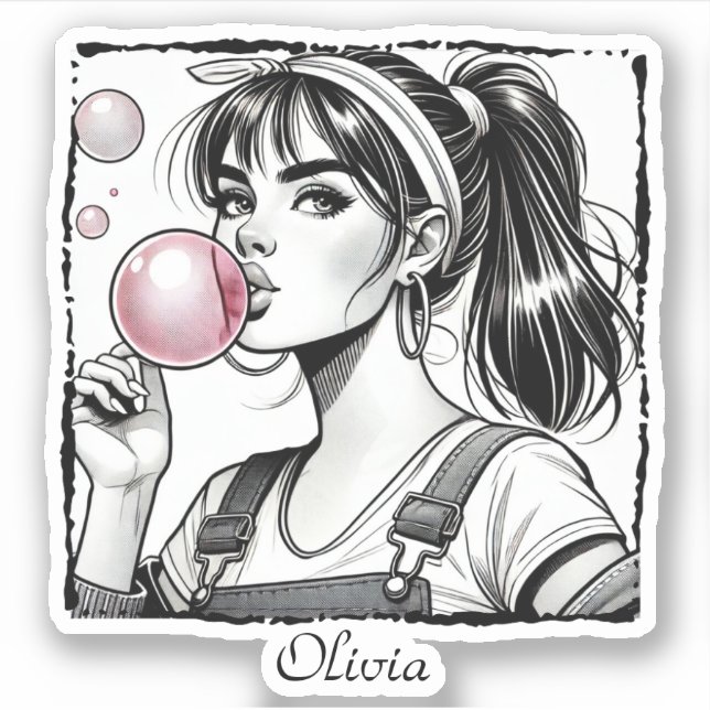 Cute Girl Pink Bubble ,Comic Fun,Black & White (Front)