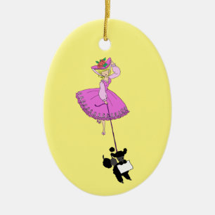 Cute Girl Pink Dress Black poodle original cartoon Ceramic Ornament