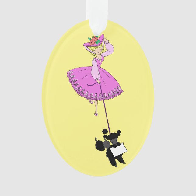 Cute Girl Pink Dress Black poodle original cartoon Ornament (Front)