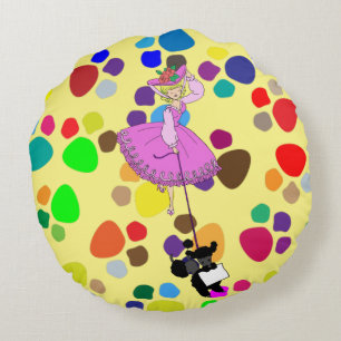Cute Girl Pink Dress Black poodle original cartoon Round Pillow