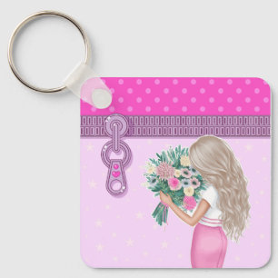 Cute girl & pink Flowers elegant floral design Keychain