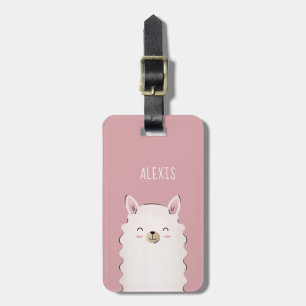 Cute Girl Pink Happy Llama Kid's Name Funny Animal Luggage Tag