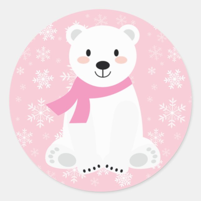 Cute Girl Polar Bear Winter Snowflake Pink Classic Round Sticker (Front)