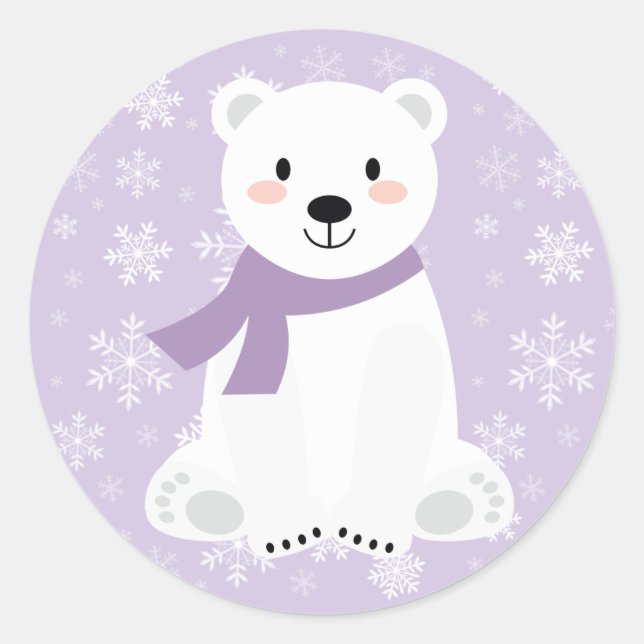 Cute Girl Polar Bear Winter Snowflake Purple Classic Round Sticker (Front)