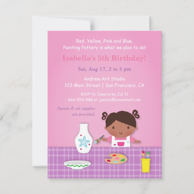Cute Girl Pottery Painting Art Birthday Party Invitation (Front)