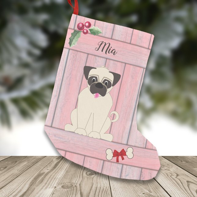 Cute Girl Pug Pink Wooden Fence Monogram Small Christmas Stocking (Creator Uploaded)