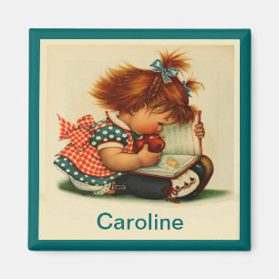 Cute Girl Reading a Book with Name - Square Magnet