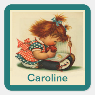 Cute Girl reading a Book with Name Stickers