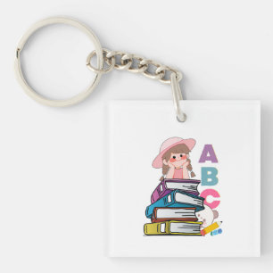 Cute Girl Reading Books & ABCs Keychain