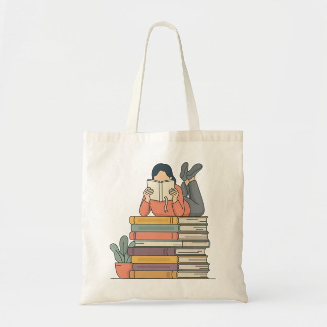 Cute Girl Reading on a Stack of Books Tote Bag (Front)