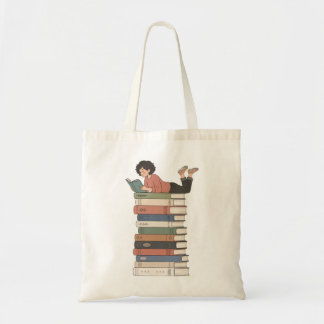 Cute Girl Reading Stack of Books Art Tote Bag