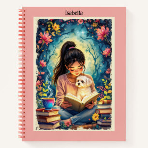 Cute Girl Reading to her Dog Custom Name & Text Notebook