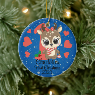 Cute Girl Reindeer Baby’s First Christmas Ceramic Ornament