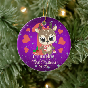 Cute Girl Reindeer Baby’s First Christmas Purple Ceramic Ornament