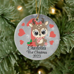 Cute Girl Reindeer Baby’s First Christmas Silver Ceramic Ornament