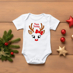 Cute Girl Reindeer Face Happy Holidays Baby Bodysuit